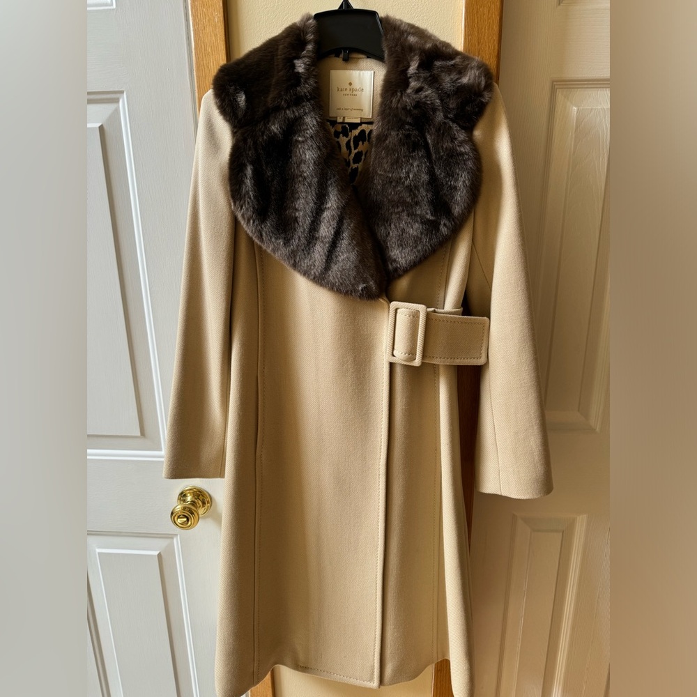 Kate Spade Wool Camel Coat with Large Faux Fur Collar
